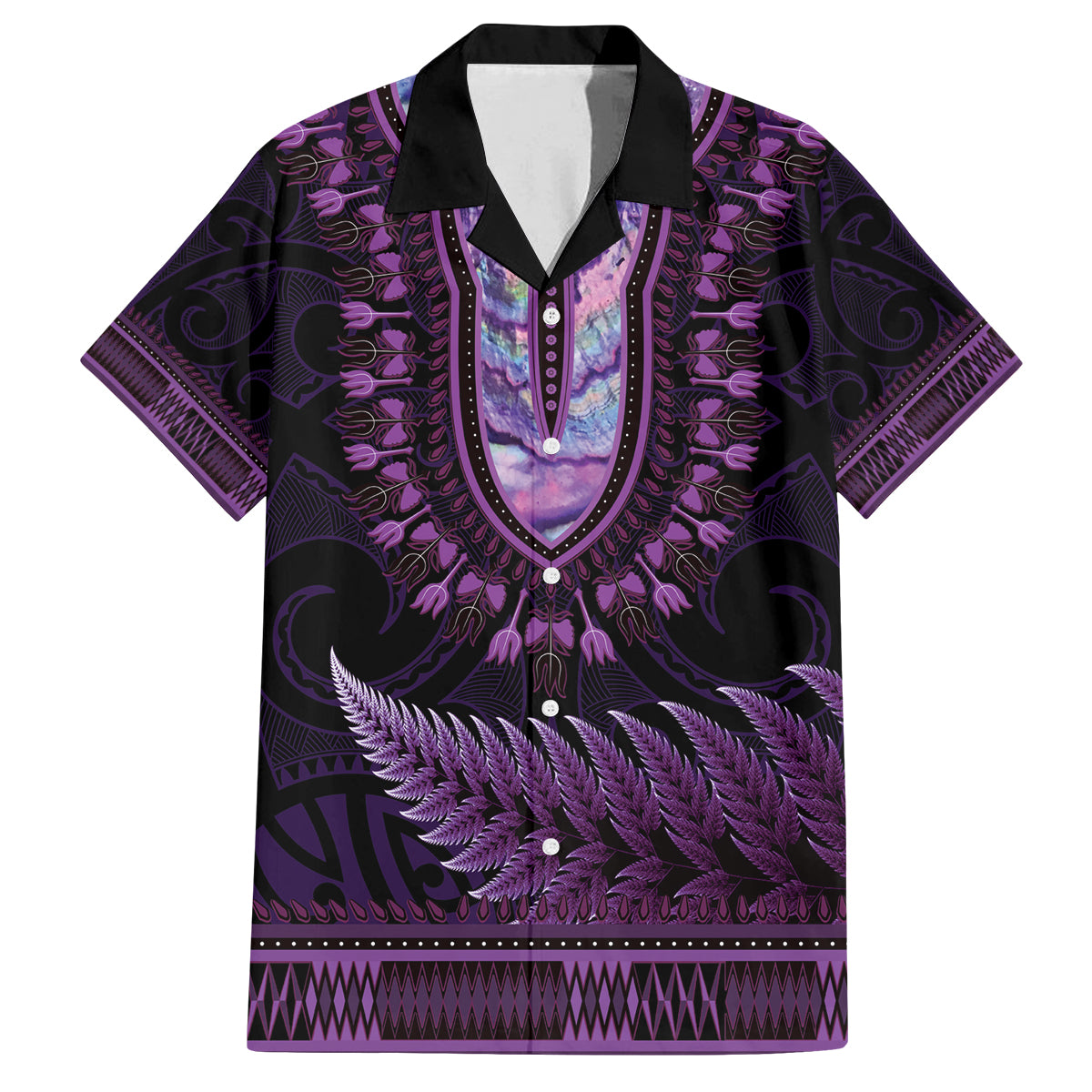 Purple African Dashiki With Aotearoa Maori Family Matching Off Shoulder Maxi Dress and Hawaiian Shirt Paua Shell Mix Silver Fern LT14 Dad's Shirt - Short Sleeve Purple - Polynesian Pride