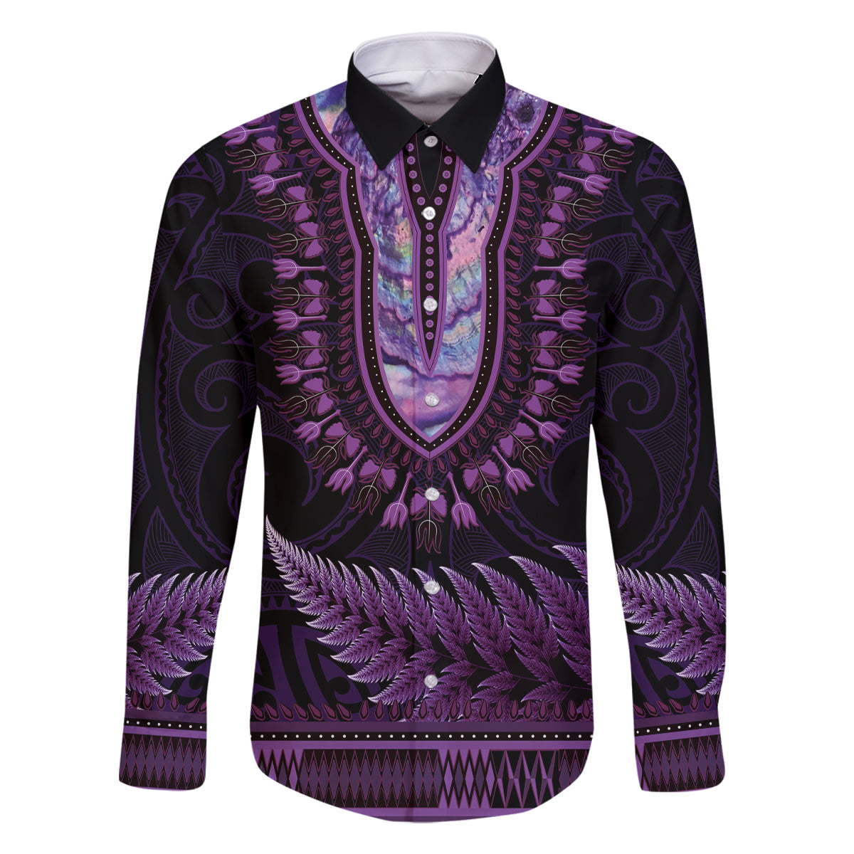 Purple African Dashiki With Aotearoa Maori Family Matching Off Shoulder Maxi Dress and Hawaiian Shirt Paua Shell Mix Silver Fern LT14 Dad's Shirt - Long Sleeve Purple - Polynesian Pride