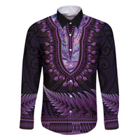 Purple African Dashiki With Aotearoa Maori Family Matching Off Shoulder Maxi Dress and Hawaiian Shirt Paua Shell Mix Silver Fern LT14 Dad's Shirt - Long Sleeve Purple - Polynesian Pride