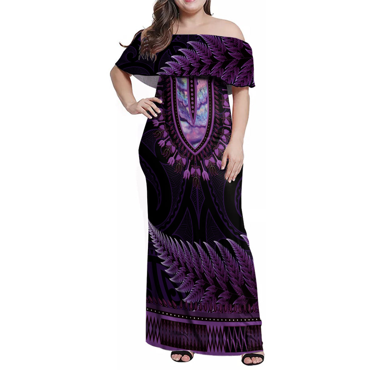 Purple African Dashiki With Aotearoa Maori Family Matching Off Shoulder Maxi Dress and Hawaiian Shirt Paua Shell Mix Silver Fern LT14 Mom's Dress Purple - Polynesian Pride