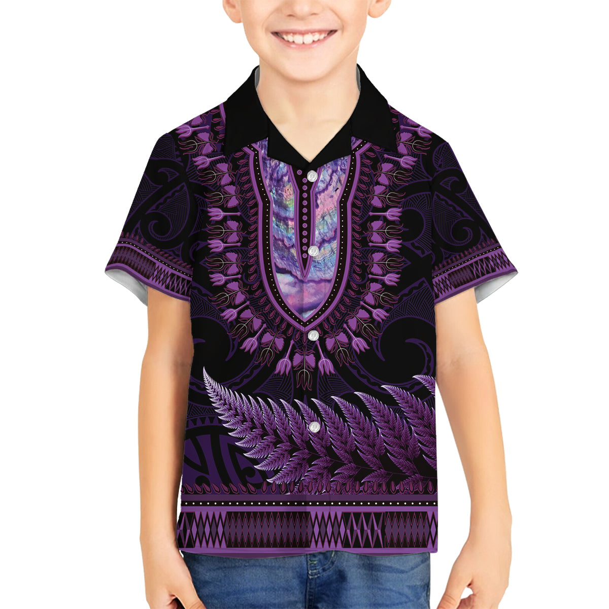 Purple African Dashiki With Aotearoa Maori Family Matching Off Shoulder Maxi Dress and Hawaiian Shirt Paua Shell Mix Silver Fern LT14 Son's Shirt Purple - Polynesian Pride