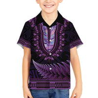 Purple African Dashiki With Aotearoa Maori Family Matching Off Shoulder Maxi Dress and Hawaiian Shirt Paua Shell Mix Silver Fern LT14 Son's Shirt Purple - Polynesian Pride