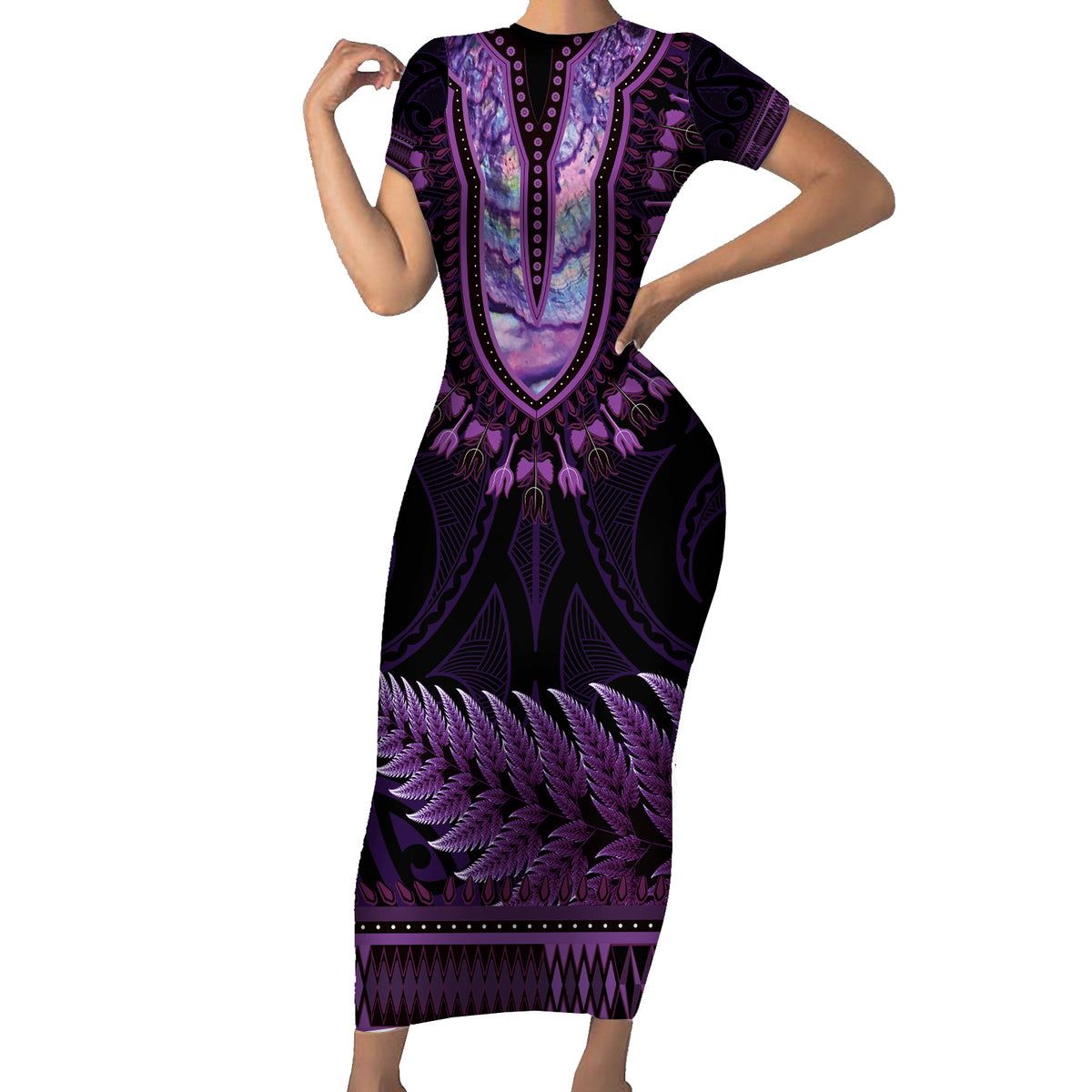 Purple African Dashiki With Aotearoa Maori Family Matching Short Sleeve Bodycon Dress and Hawaiian Shirt Paua Shell Mix Silver Fern