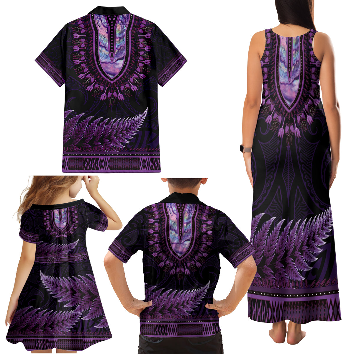 Purple African Dashiki With Aotearoa Maori Family Matching Tank Maxi Dress and Hawaiian Shirt Paua Shell Mix Silver Fern
