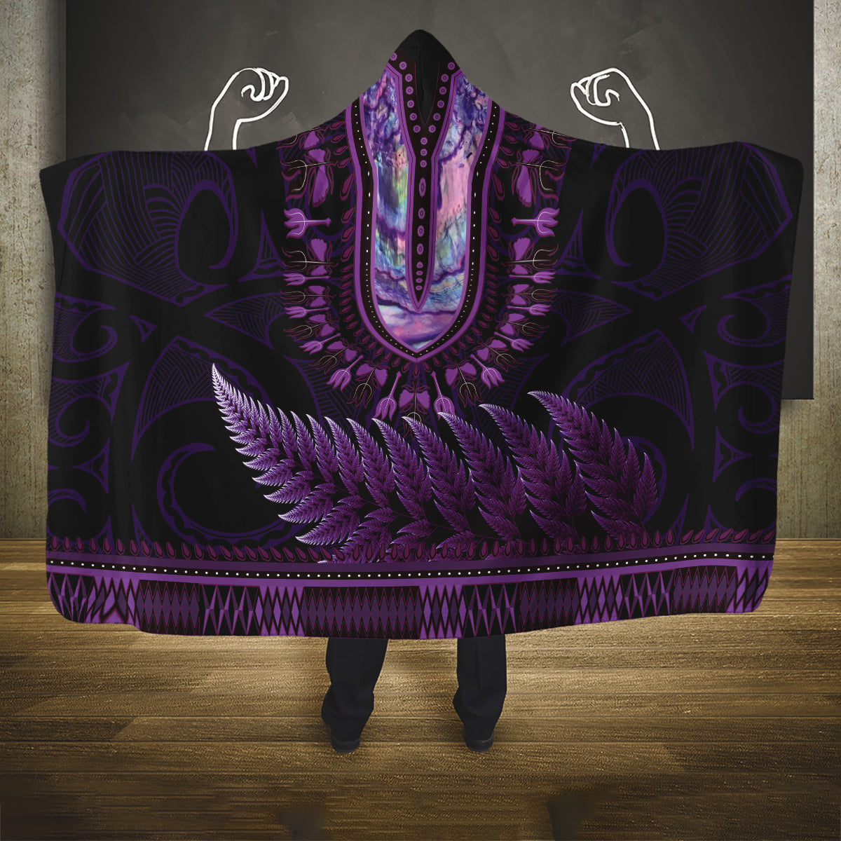 Purple African Dashiki With Aotearoa Maori Hooded Blanket Paua Shell Mix Silver Fern