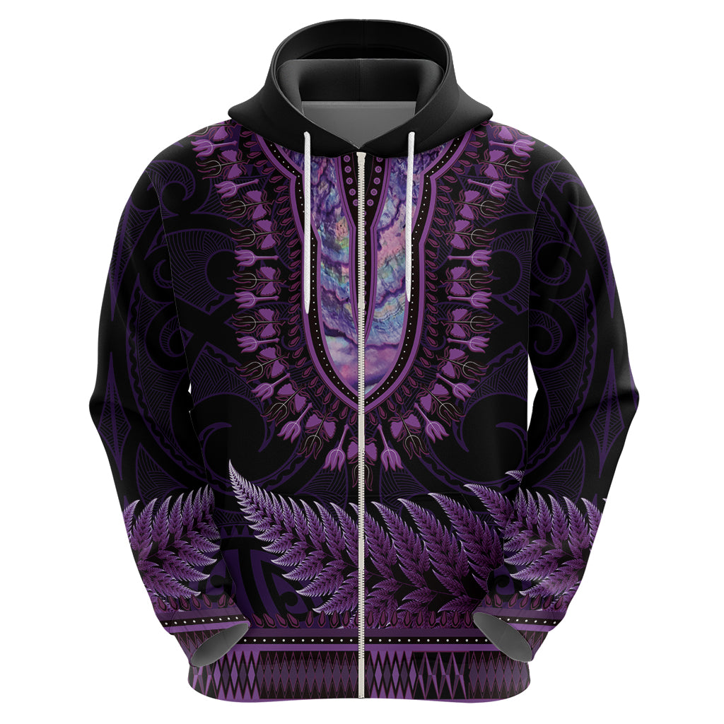 Purple African Dashiki With Aotearoa Maori Hoodie Paua Shell Mix Silver Fern