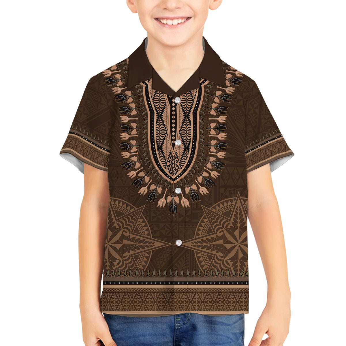 Brown African Dashiki With Tonga Ngatu Pattern Family Matching Summer Maxi Dress and Hawaiian Shirt