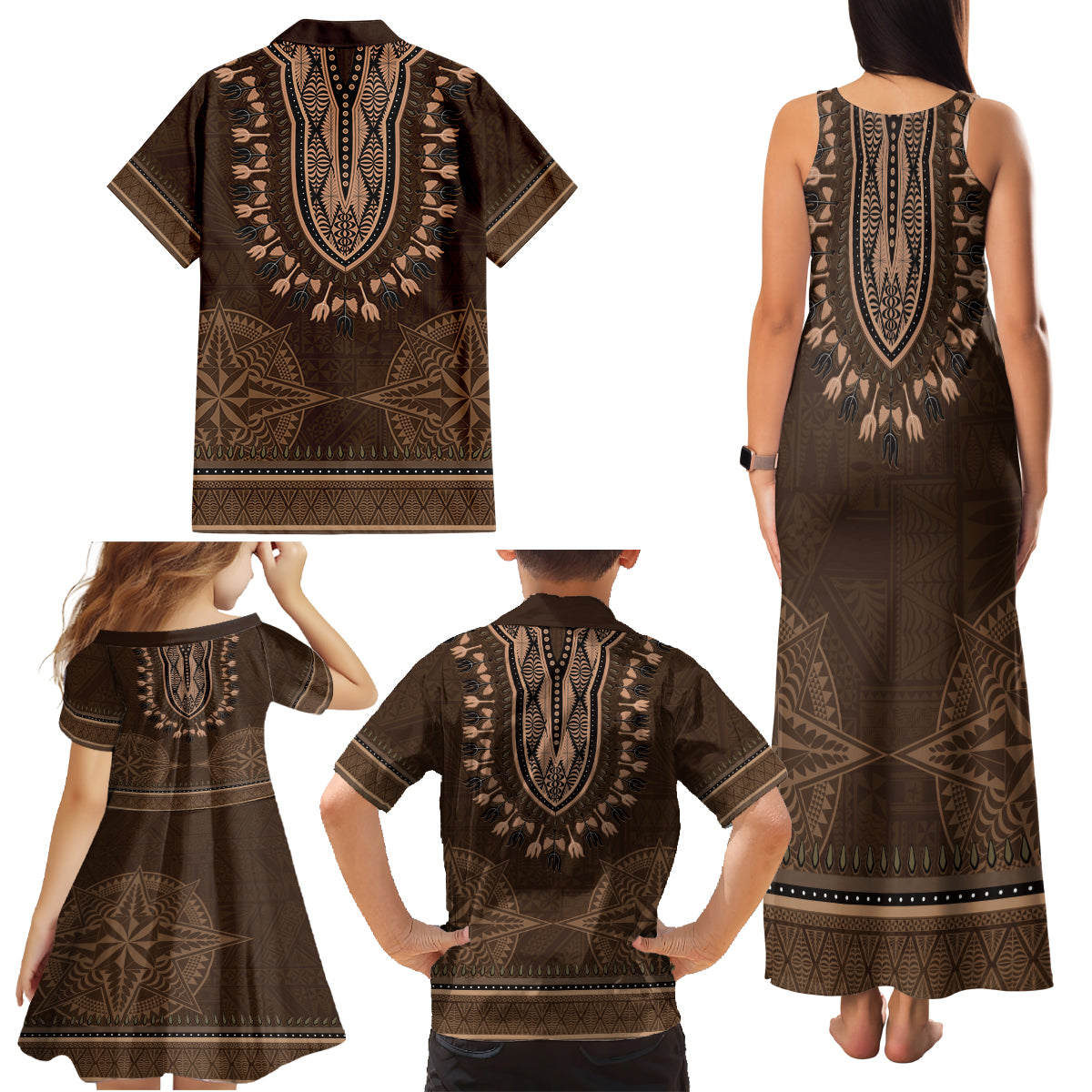 Brown African Dashiki With Tonga Ngatu Pattern Family Matching Tank Maxi Dress and Hawaiian Shirt