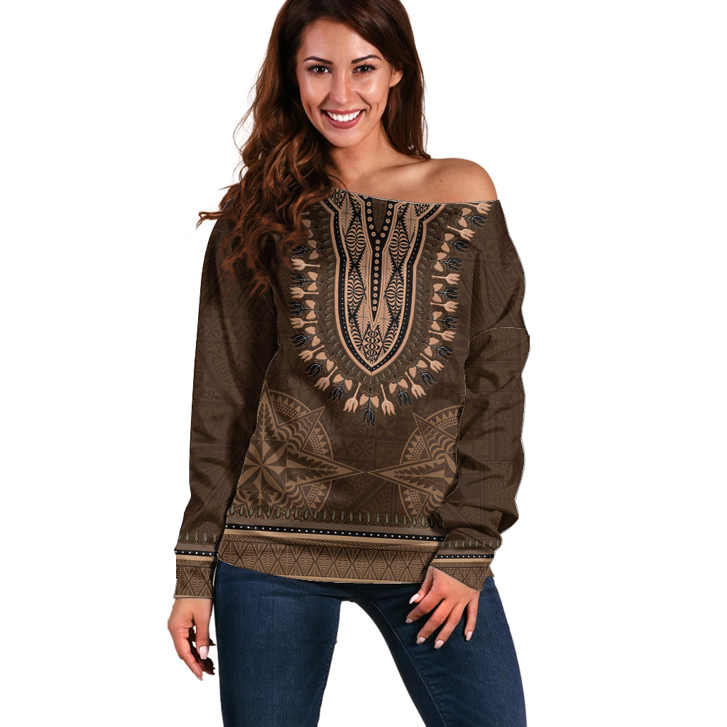 Brown African Dashiki With Tonga Ngatu Pattern Off Shoulder Sweater