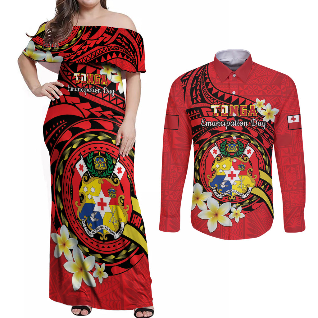 Personalised Tonga Emancipation Day Couples Matching Off Shoulder Maxi Dress and Long Sleeve Button Shirt Tongan Ngatu Pattern - Red Version