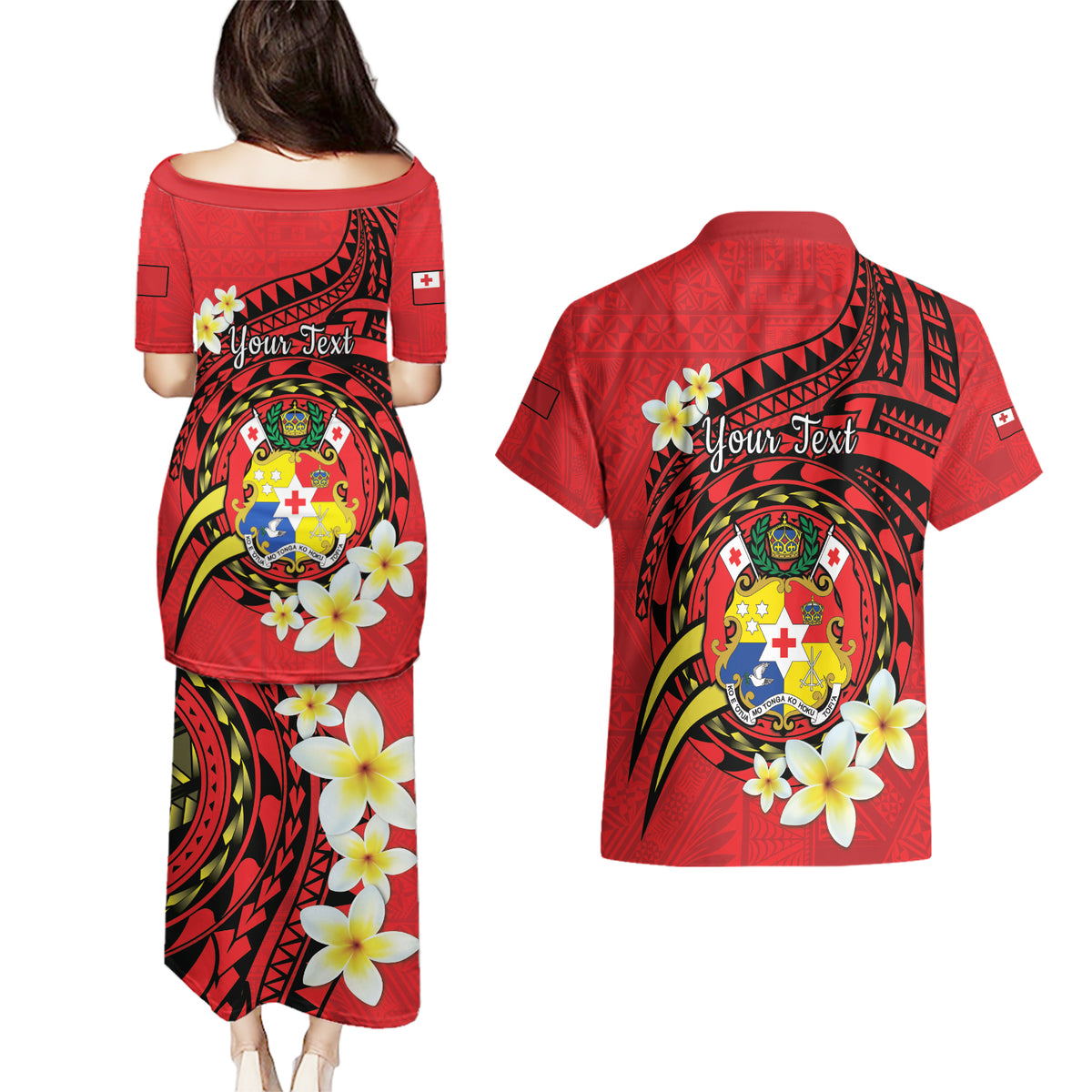 Personalised Tonga Emancipation Day Couples Matching Puletasi and Hawaiian Shirt Tongan Ngatu Pattern - Red Version