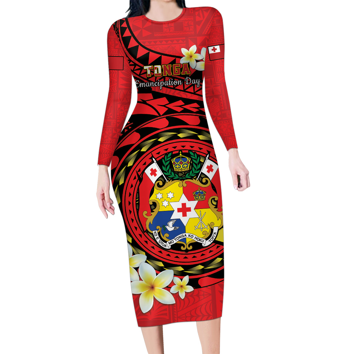 Personalised Tonga Emancipation Day Family Matching Long Sleeve Bodycon Dress and Hawaiian Shirt Tongan Ngatu Pattern - Red Version