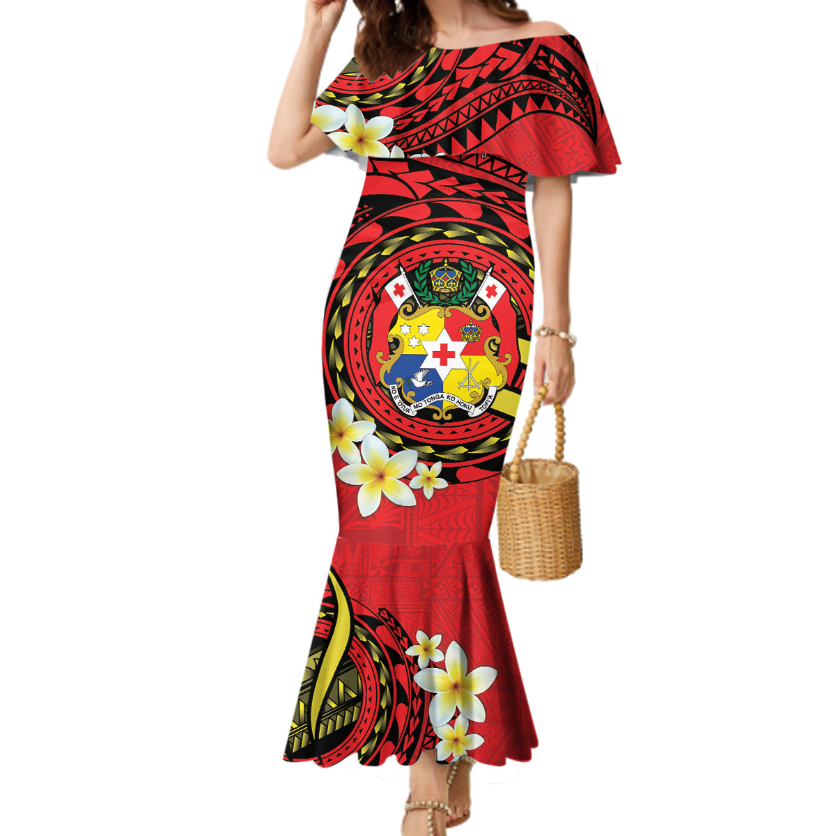 Personalised Tonga Emancipation Day Family Matching Mermaid Dress and Hawaiian Shirt Tongan Ngatu Pattern - Red Version