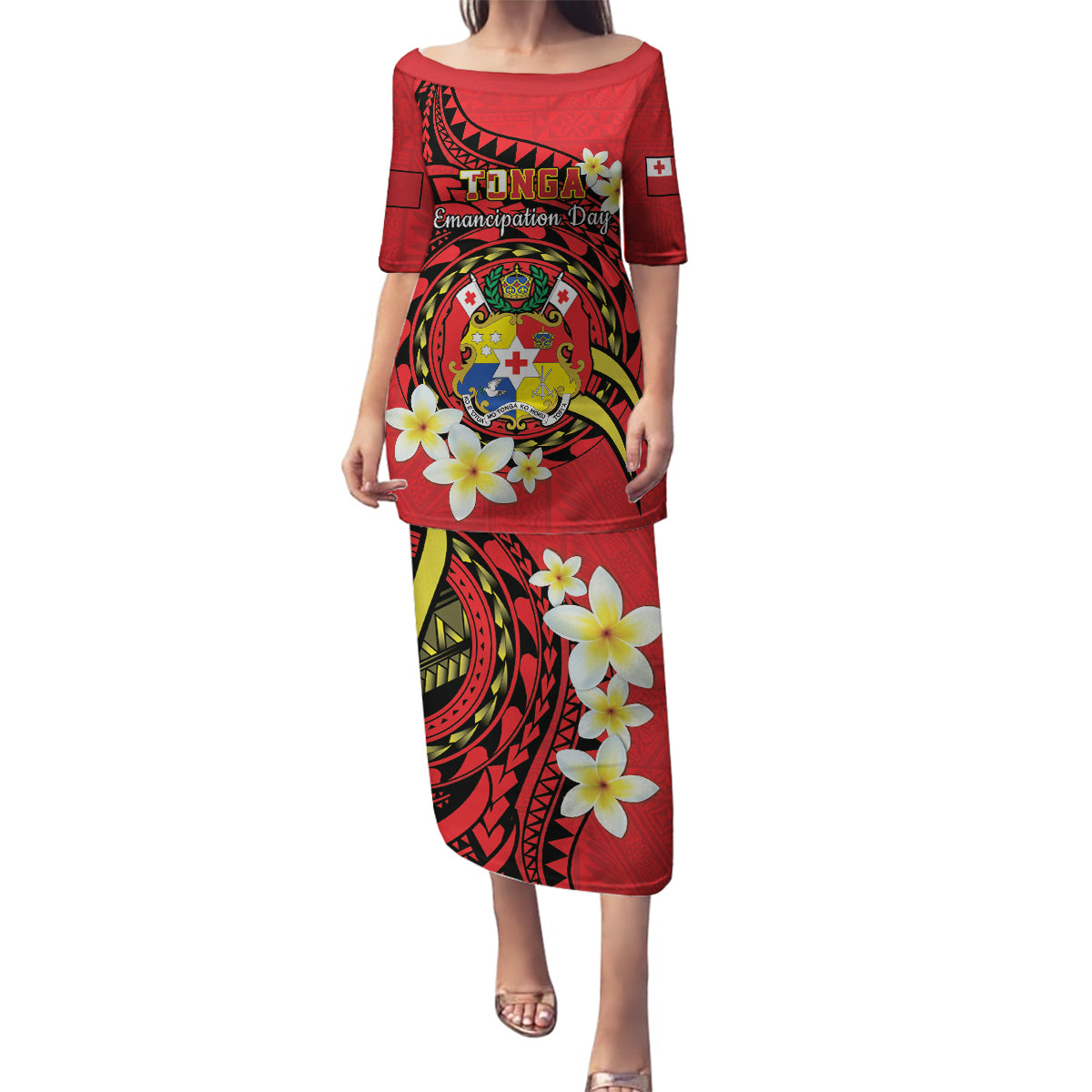 Personalised Tonga Emancipation Day Family Matching Puletasi and Hawaiian Shirt Tongan Ngatu Pattern - Red Version