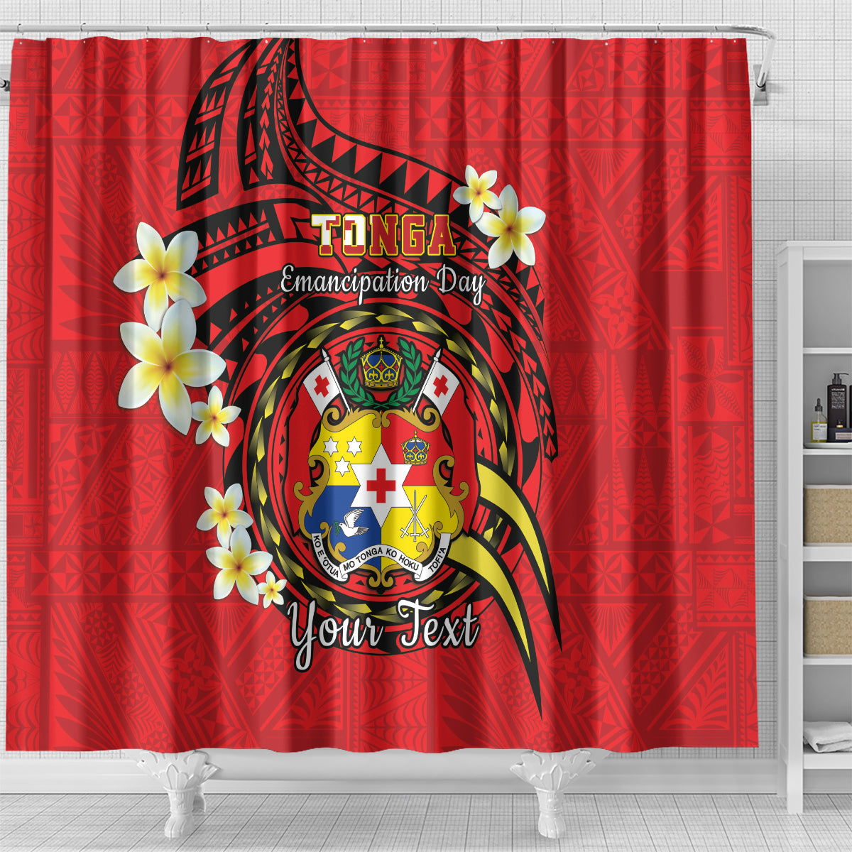 Personalised Tonga Emancipation Day Shower Curtain Tongan Ngatu Pattern - Red Version