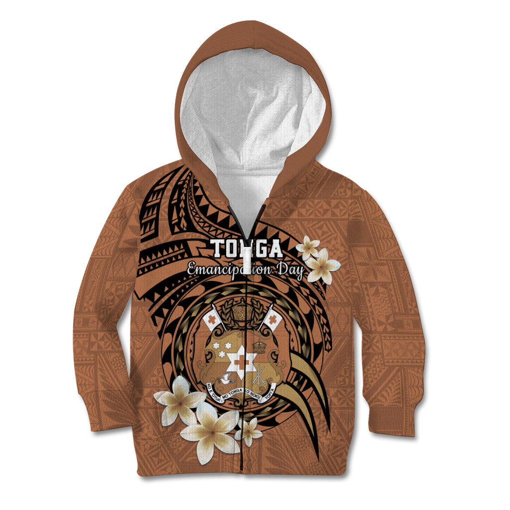 Personalised Tonga Emancipation Day Kid Hoodie Tongan Ngatu Pattern - Brown Version