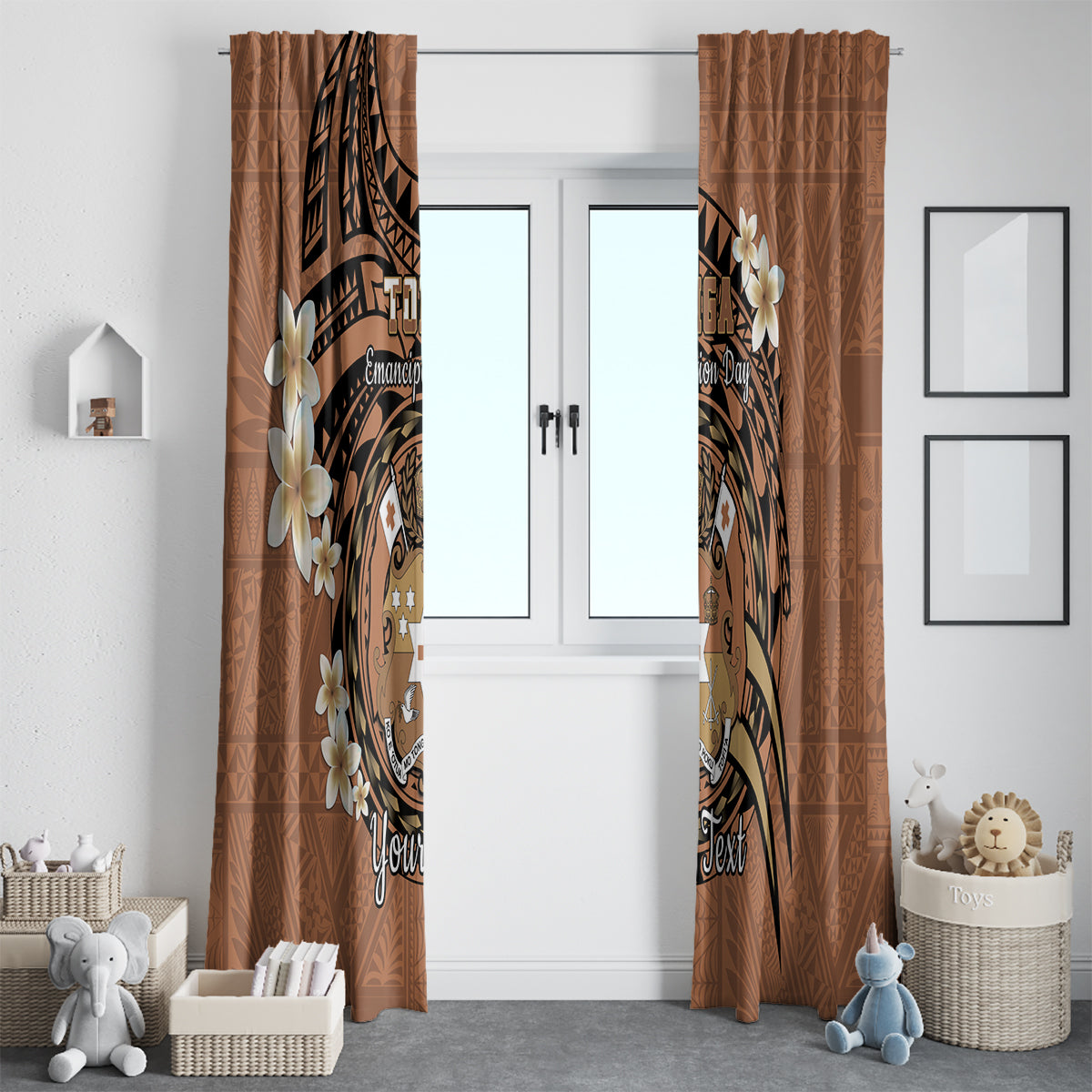 Personalised Tonga Emancipation Day Window Curtain Tongan Ngatu Pattern - Brown Version
