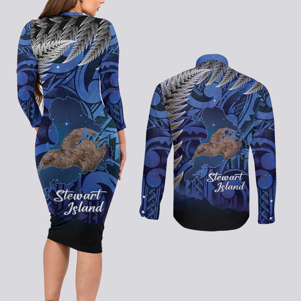 New Zealand Stewart Island Couples Matching Long Sleeve Bodycon Dress and Long Sleeve Button Shirt Rakiura Kiwi Maori Glowing Sky LT14 - Polynesian Pride