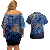 New Zealand Stewart Island Couples Matching Off Shoulder Short Dress and Hawaiian Shirt Rakiura Kiwi Maori Glowing Sky LT14 - Polynesian Pride