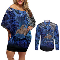 New Zealand Stewart Island Couples Matching Off Shoulder Short Dress and Long Sleeve Button Shirt Rakiura Kiwi Maori Glowing Sky LT14 Blue - Polynesian Pride