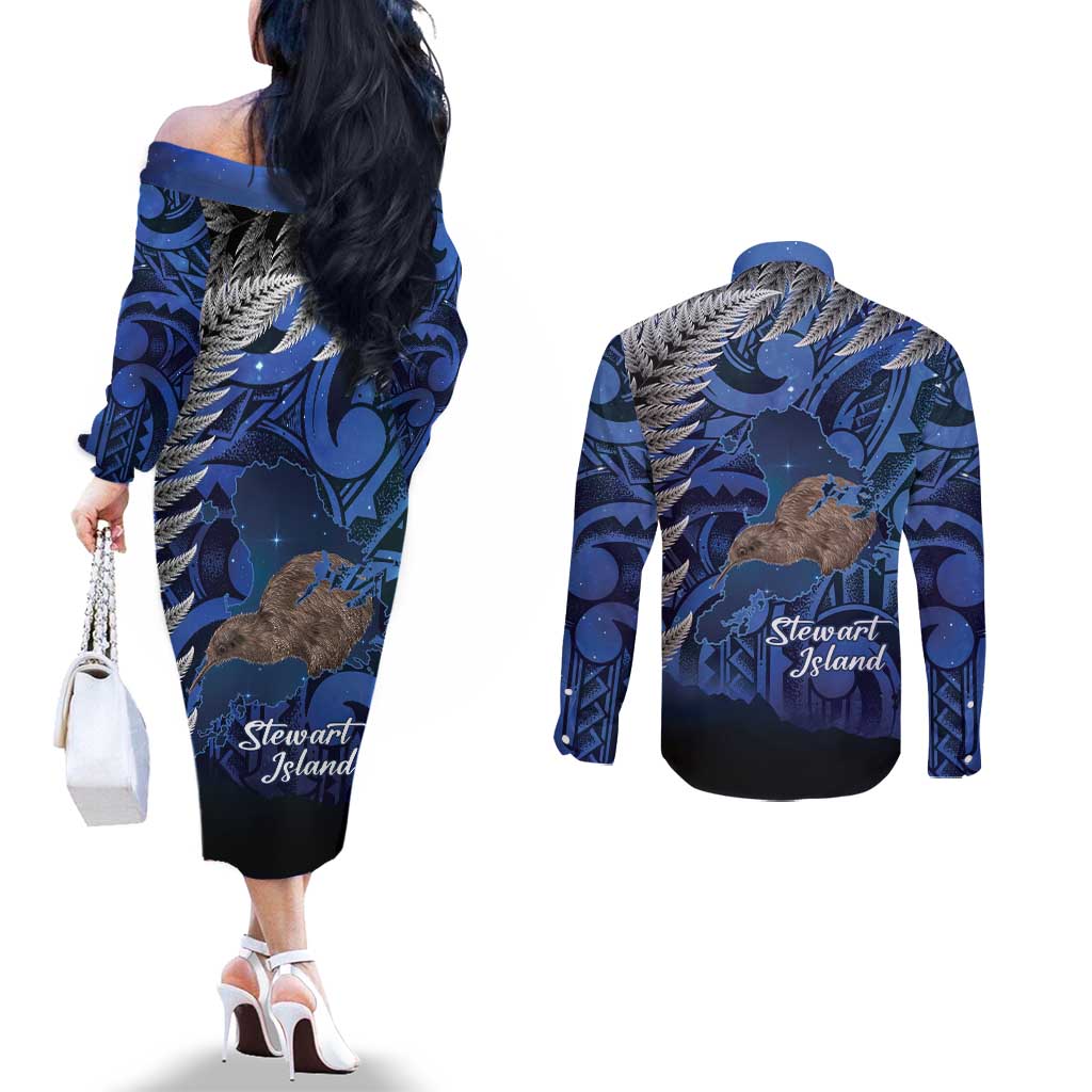 New Zealand Stewart Island Couples Matching Off The Shoulder Long Sleeve Dress and Long Sleeve Button Shirt Rakiura Kiwi Maori Glowing Sky LT14 - Polynesian Pride