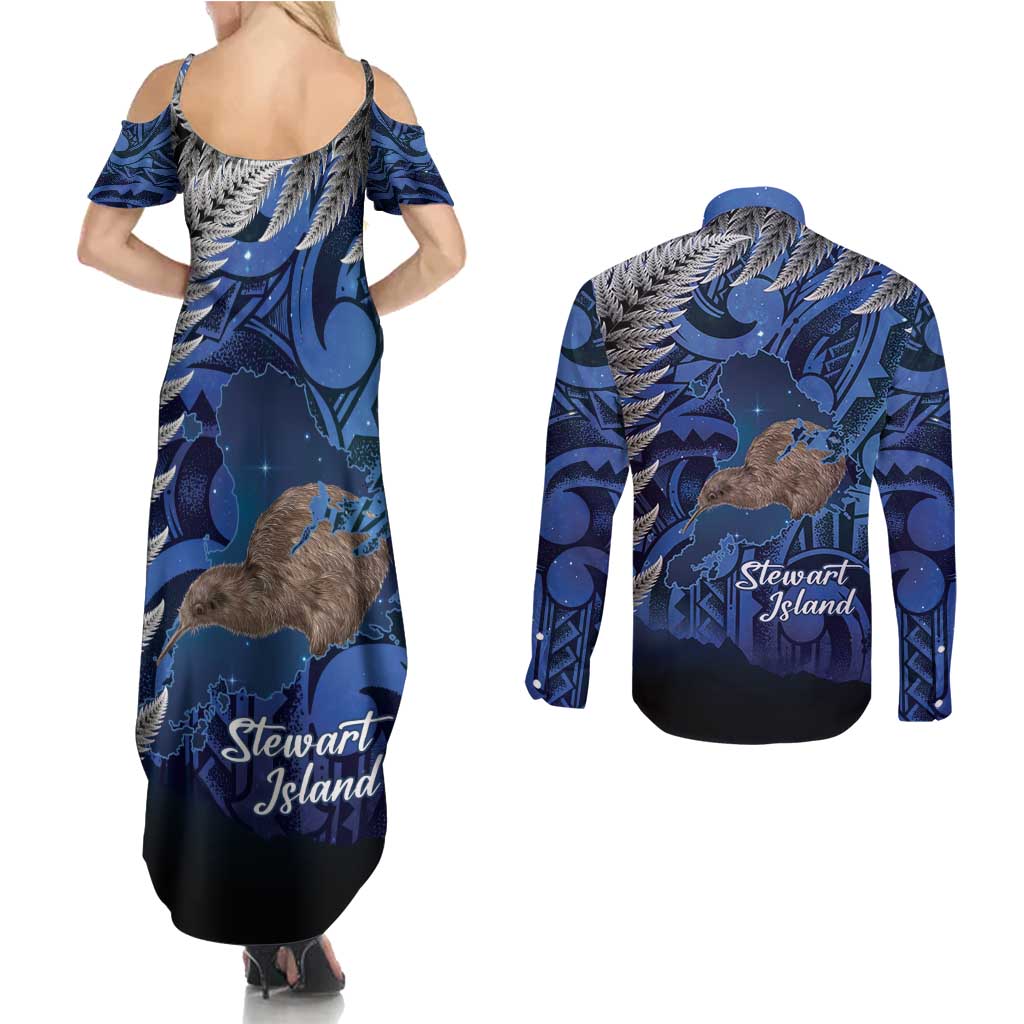 New Zealand Stewart Island Couples Matching Summer Maxi Dress and Long Sleeve Button Shirt Rakiura Kiwi Maori Glowing Sky LT14 - Polynesian Pride