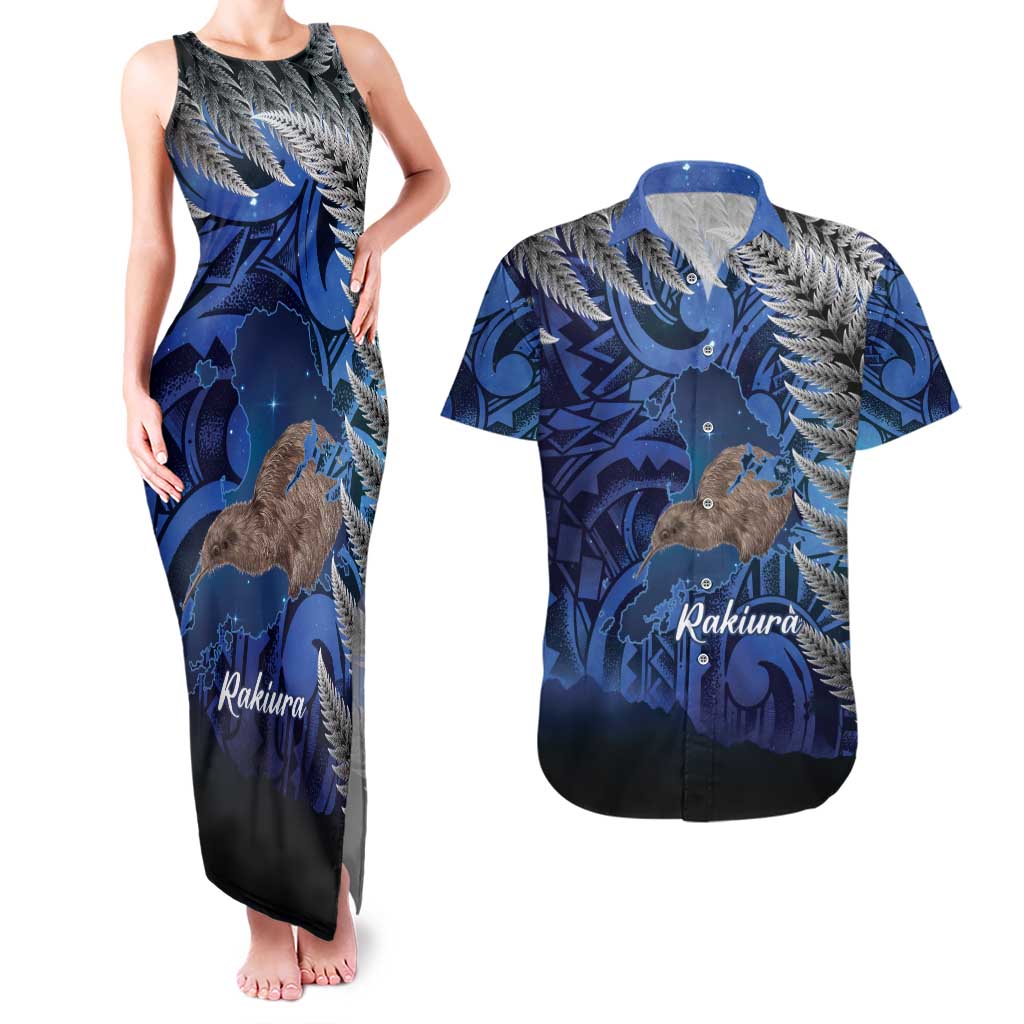 New Zealand Stewart Island Couples Matching Tank Maxi Dress and Hawaiian Shirt Rakiura Kiwi Maori Glowing Sky LT14 Blue - Polynesian Pride