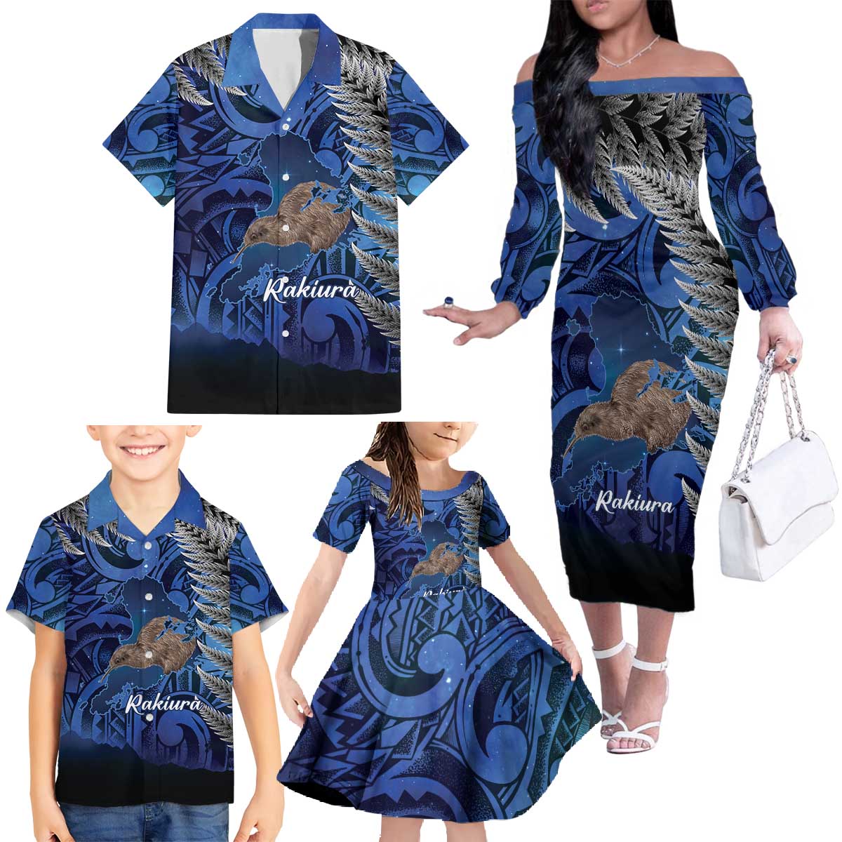 New Zealand Stewart Island Family Matching Off The Shoulder Long Sleeve Dress and Hawaiian Shirt Rakiura Kiwi Maori Glowing Sky