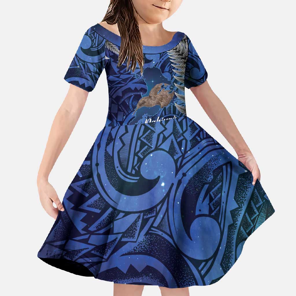New Zealand Stewart Island Family Matching Off Shoulder Maxi Dress and Hawaiian Shirt Rakiura Kiwi Maori Glowing Sky LT14 Daughter's Dress Blue - Polynesian Pride