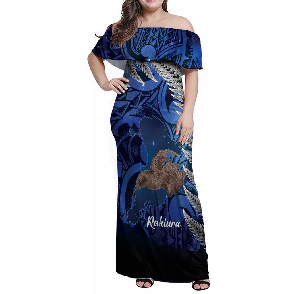 New Zealand Stewart Island Family Matching Off Shoulder Maxi Dress and Hawaiian Shirt Rakiura Kiwi Maori Glowing Sky LT14 Mom's Dress Blue - Polynesian Pride