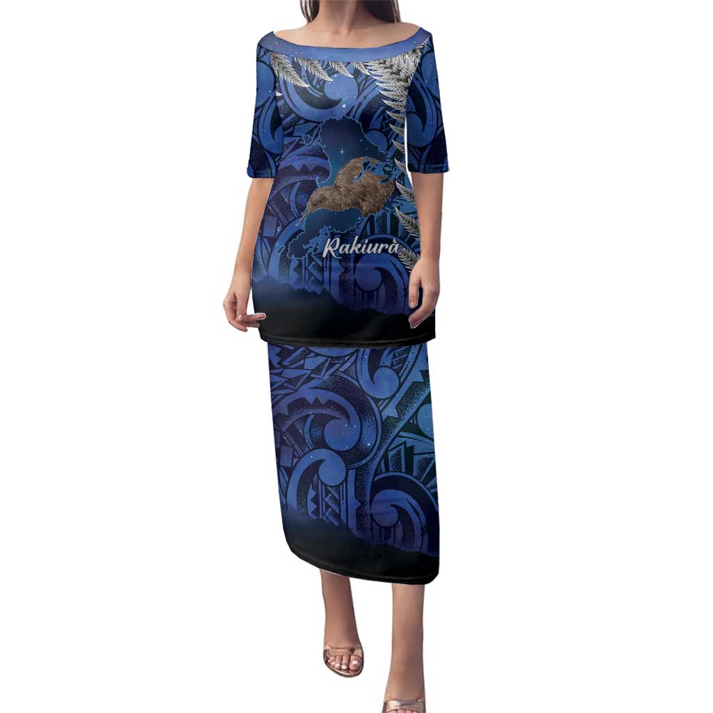 New Zealand Stewart Island Family Matching Puletasi and Hawaiian Shirt Rakiura Kiwi Maori Glowing Sky LT14 Mom's Dress Blue - Polynesian Pride