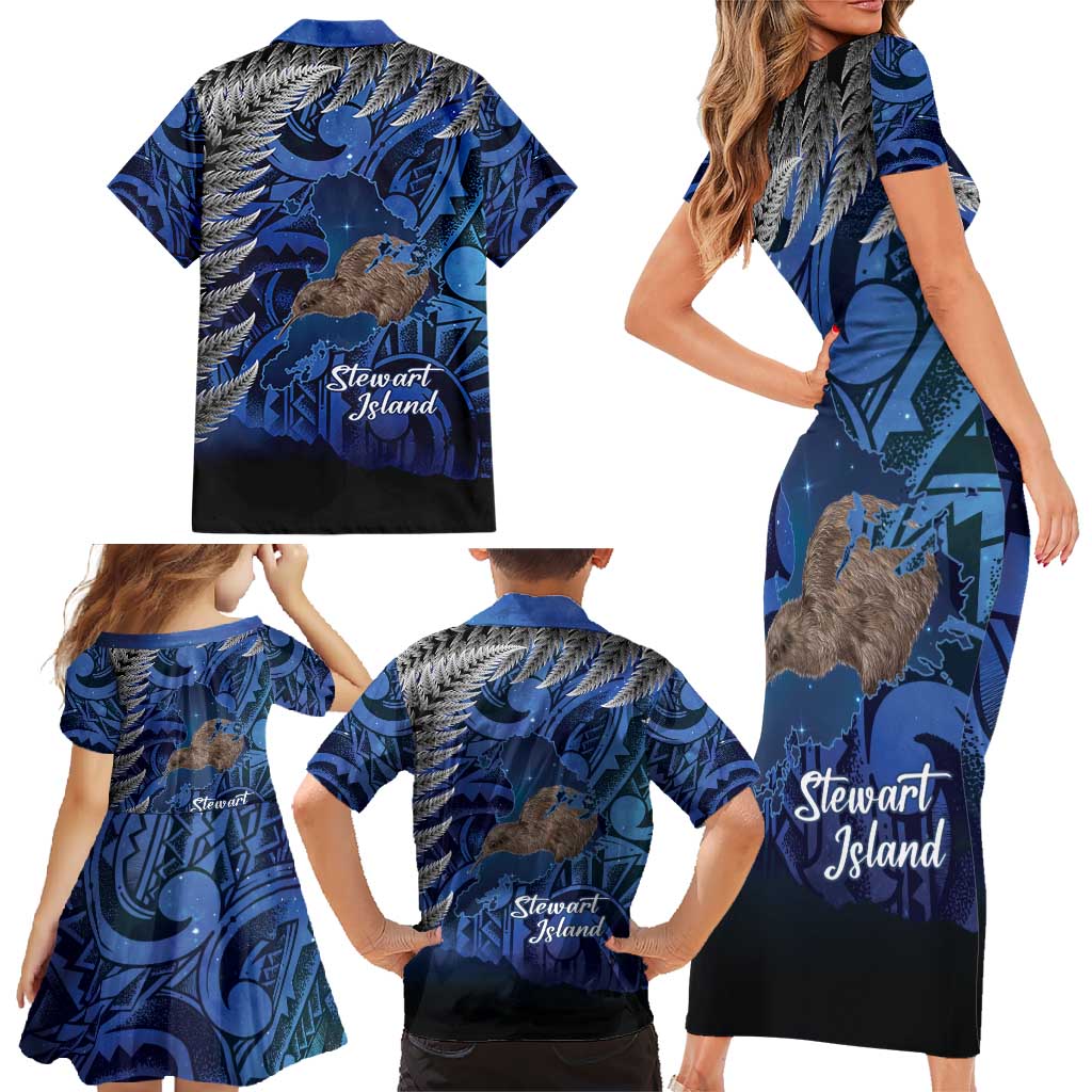 New Zealand Stewart Island Family Matching Short Sleeve Bodycon Dress and Hawaiian Shirt Rakiura Kiwi Maori Glowing Sky