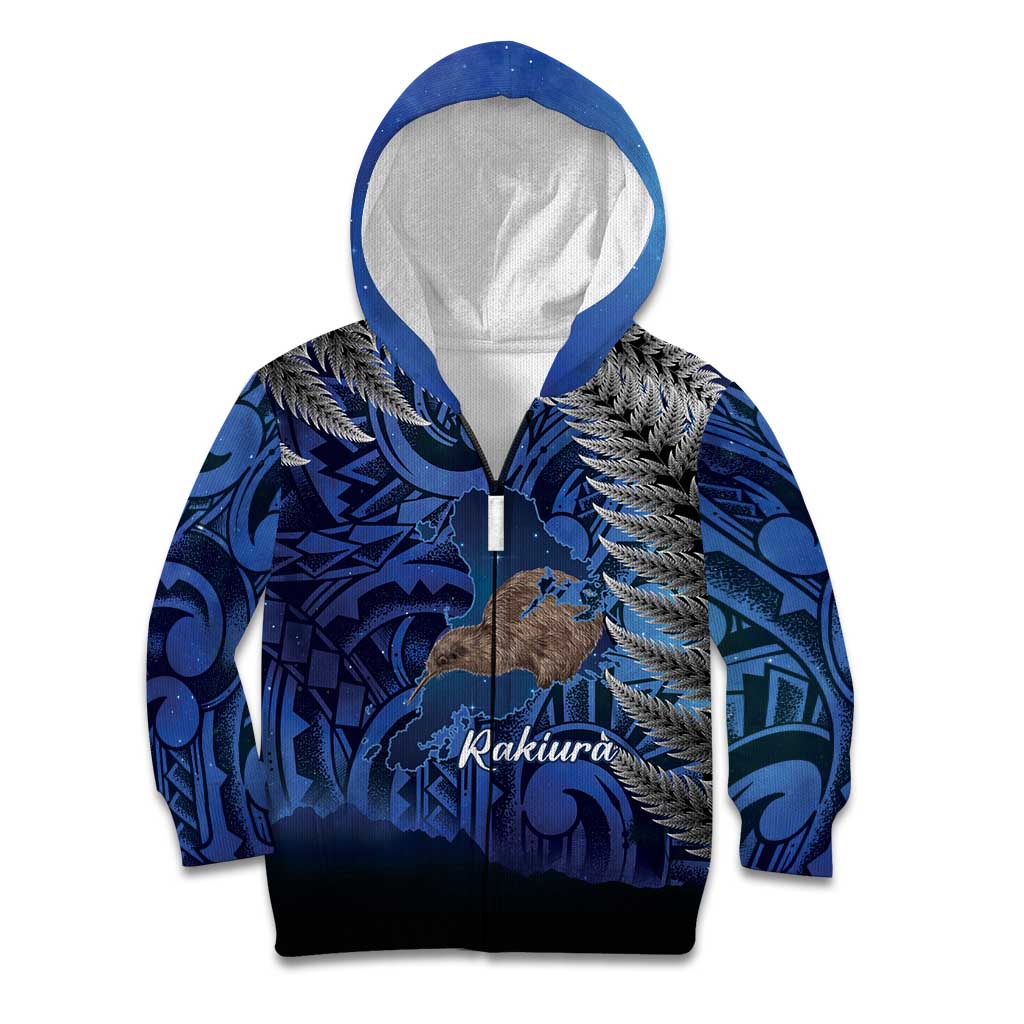 New Zealand Stewart Island Kid Hoodie Rakiura Kiwi Maori Glowing Sky LT14 Zip Hoodie Blue - Polynesian Pride