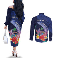 Personalised Guam Liberation Day Couples Matching Off The Shoulder Long Sleeve Dress and Long Sleeve Button Shirt Happy 80th Anniversary Fish Hook Mix Tropical Flowers