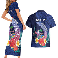 Personalised Guam Liberation Day Couples Matching Short Sleeve Bodycon Dress and Hawaiian Shirt Happy 80th Anniversary Fish Hook Mix Tropical Flowers LT14 - Polynesian Pride