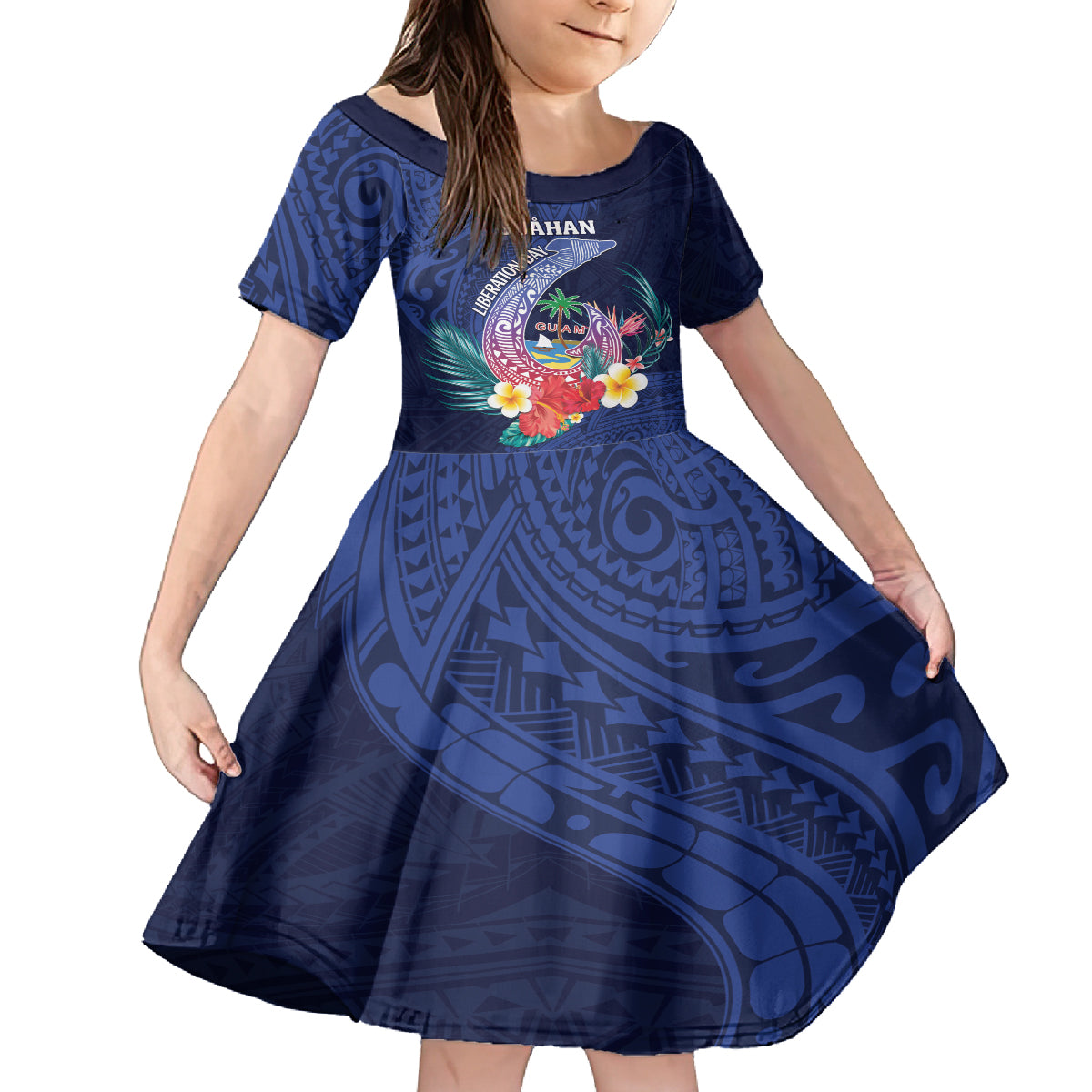 Personalised Guam Liberation Day Family Matching Off The Shoulder Long Sleeve Dress and Hawaiian Shirt Happy 80th Anniversary Fish Hook Mix Tropical Flowers