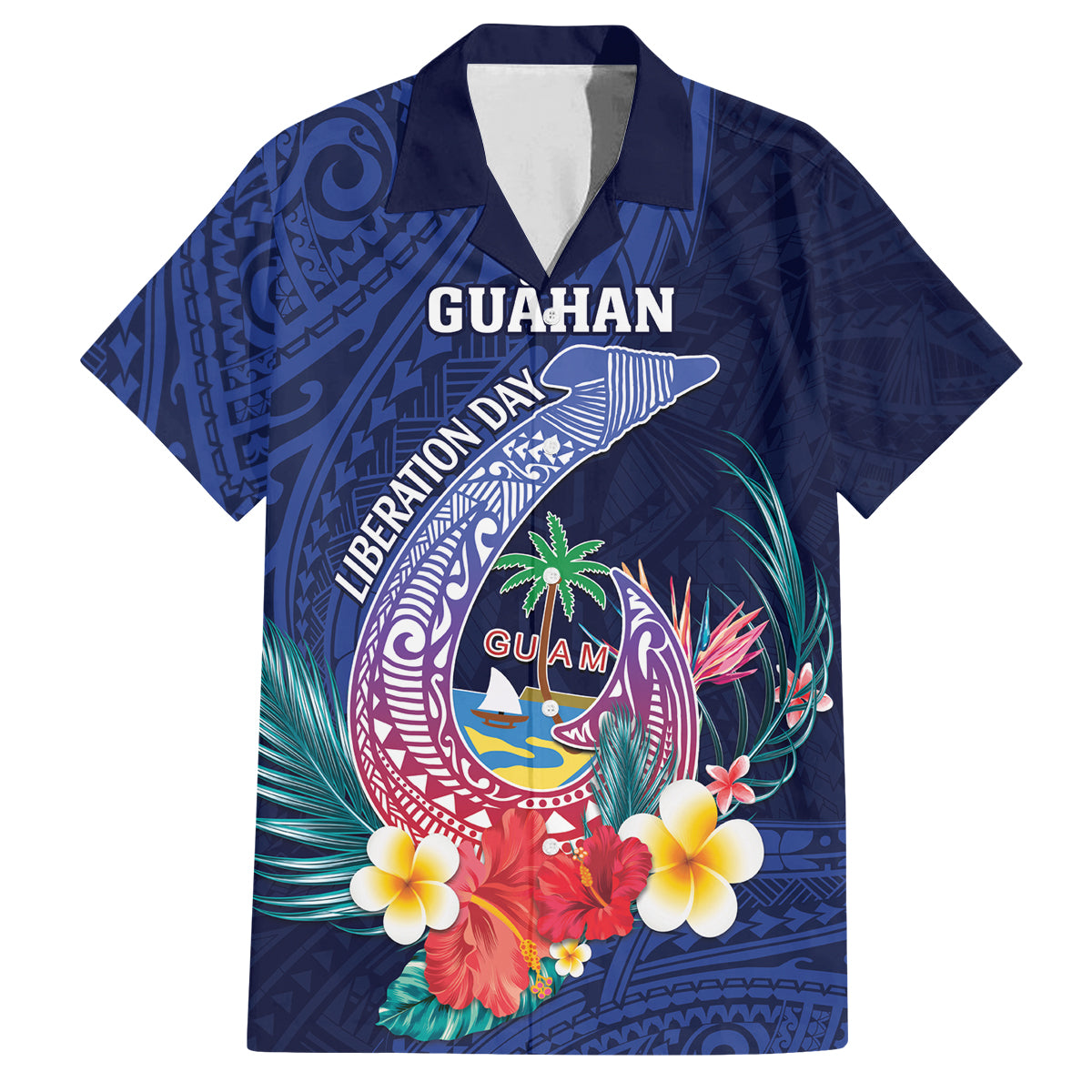 Personalised Guam Liberation Day Family Matching Off Shoulder Short Dress and Hawaiian Shirt Happy 80th Anniversary Fish Hook Mix Tropical Flowers