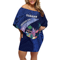 Personalised Guam Liberation Day Family Matching Off Shoulder Short Dress and Hawaiian Shirt Happy 80th Anniversary Fish Hook Mix Tropical Flowers