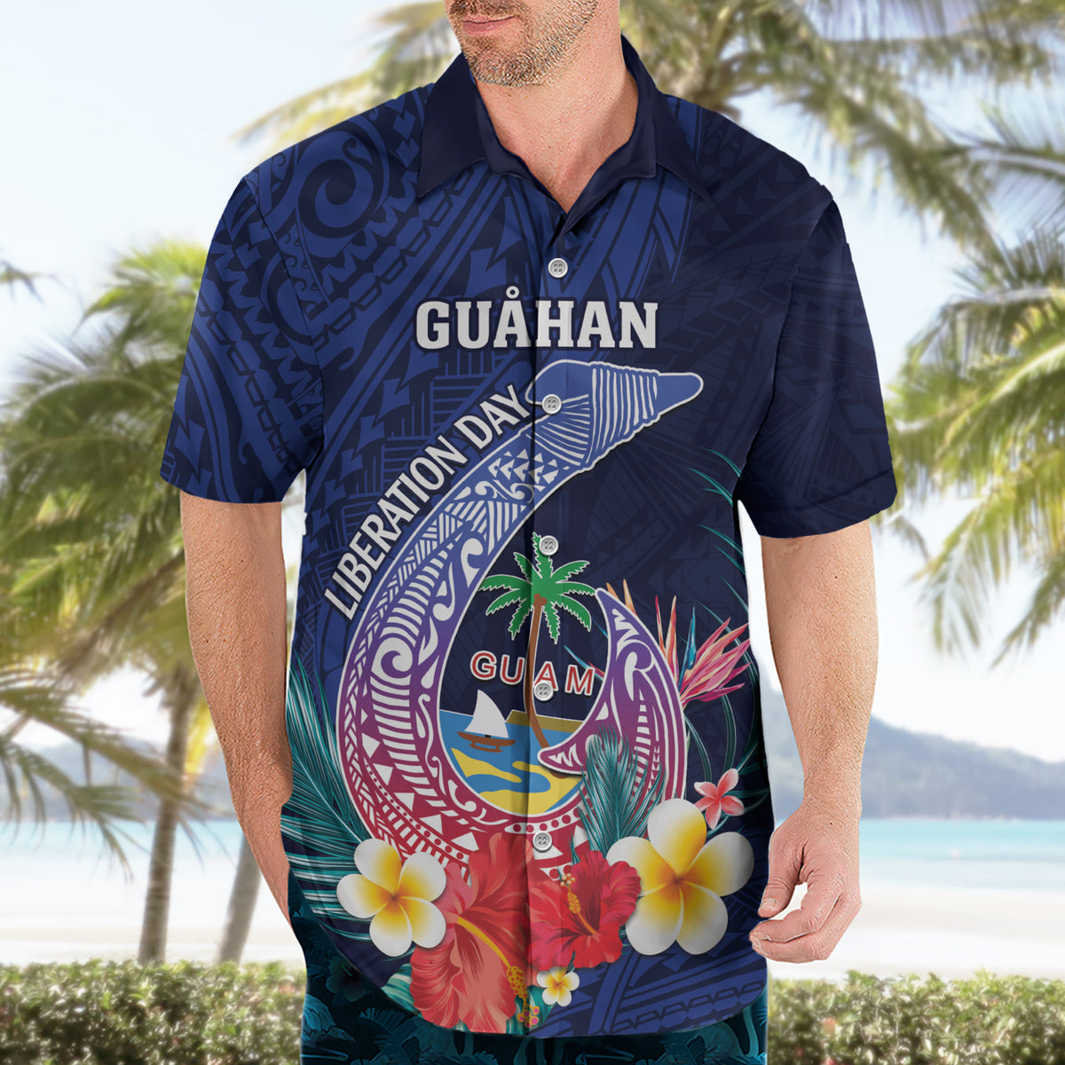 Personalised Guam Liberation Day Hawaiian Shirt Happy 80th Anniversary Fish Hook Mix Tropical Flowers