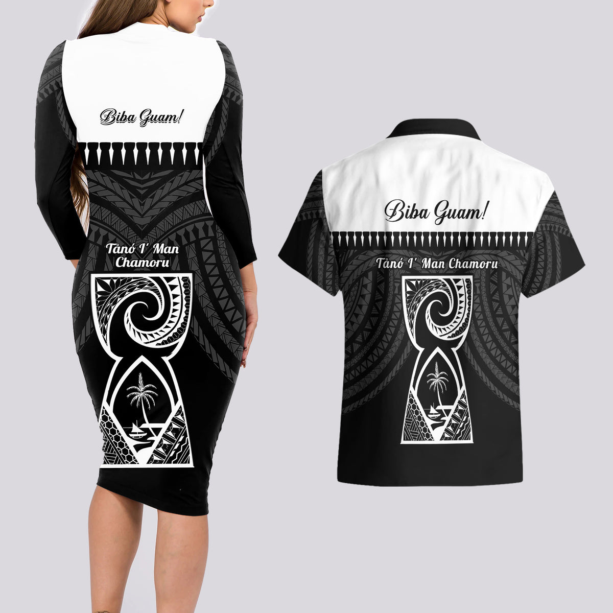 Guam Liberation Day Couples Matching Long Sleeve Bodycon Dress and Hawaiian Shirt Biba Guahan Chamorro 80th Anniversary - Black LT14 - Polynesian Pride