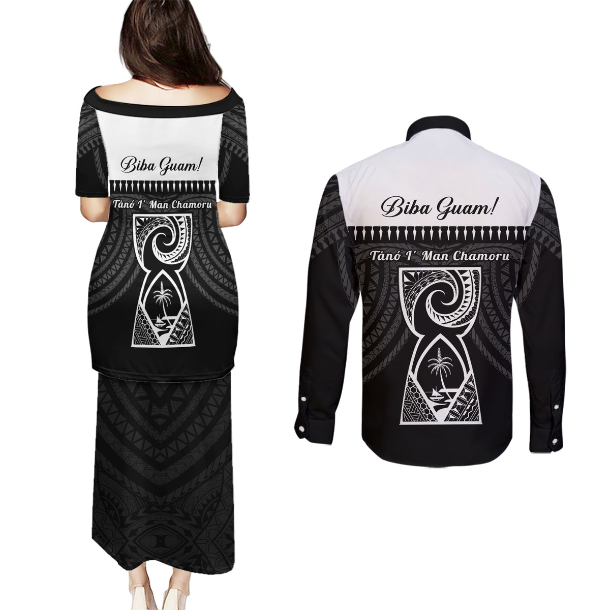 Guam Liberation Day Couples Matching Puletasi and Long Sleeve Button Shirt Biba Guahan Chamorro 80th Anniversary - Black
