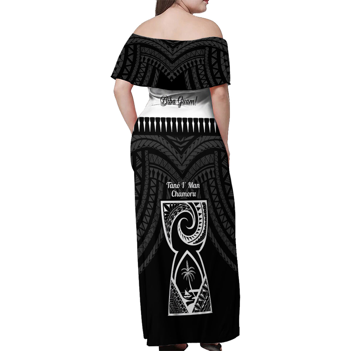 Guam Liberation Day Family Matching Off Shoulder Maxi Dress and Hawaiian Shirt Biba Guahan Chamorro 80th Anniversary - Black