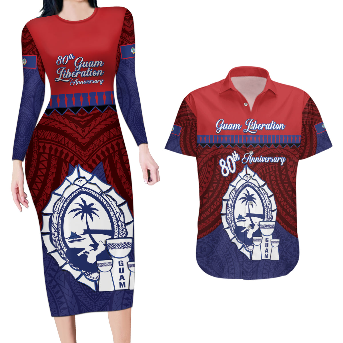 Guam Liberation Day Couples Matching Long Sleeve Bodycon Dress and Hawaiian Shirt Biba Guahan Chamorro 80th Anniversary - Blue LT14 Blue - Polynesian Pride