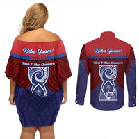 Guam Liberation Day Couples Matching Off Shoulder Short Dress and Long Sleeve Button Shirt Biba Guahan Chamorro 80th Anniversary - Blue