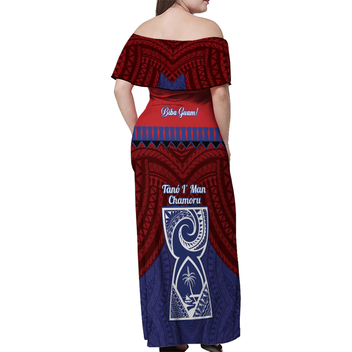 Guam Liberation Day Family Matching Off Shoulder Maxi Dress and Hawaiian Shirt Biba Guahan Chamorro 80th Anniversary - Blue