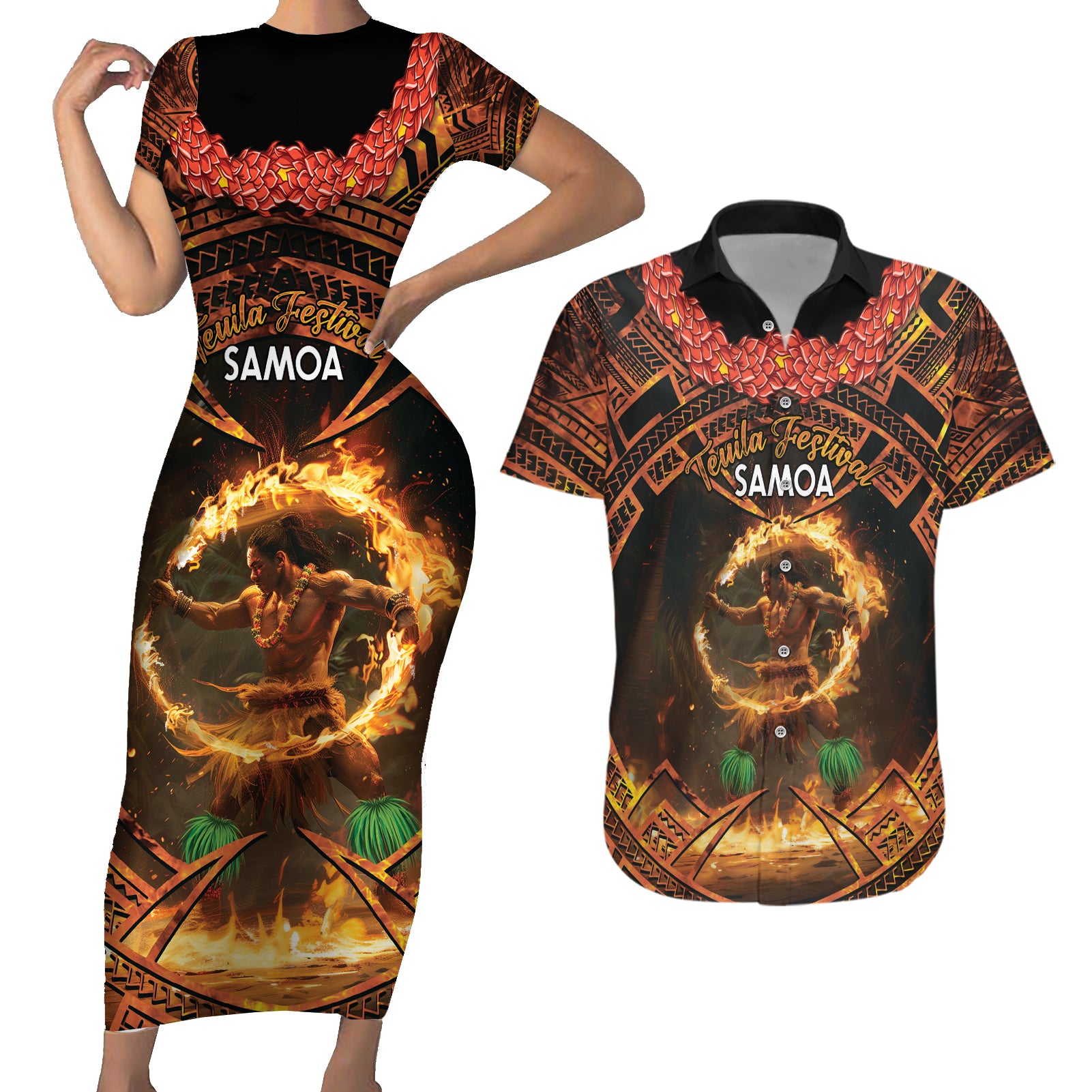 Samoa Teuila 2024 Festival Couples Matching Short Sleeve Bodycon Dress and Hawaiian Shirt Samoan Siva Afi With Red Gingers