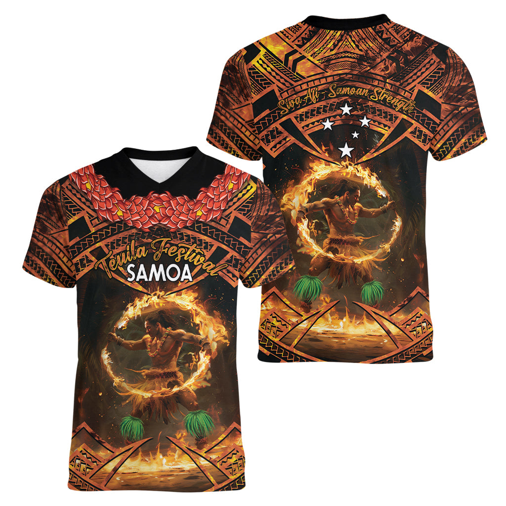Samoa Teuila 2024 Festival Women V-Neck T-Shirt Samoan Siva Afi With Red Gingers
