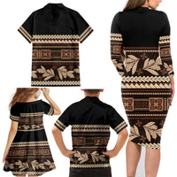 Black Samoa Siapo Teuila Flowers Family Matching Long Sleeve Bodycon Dress and Hawaiian Shirt