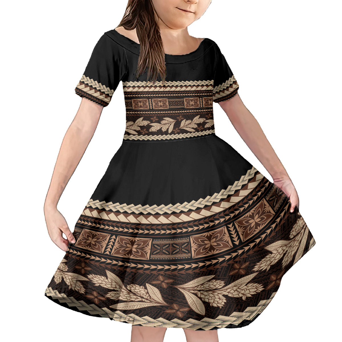 Black Samoa Siapo Teuila Flowers Family Matching Off The Shoulder Long Sleeve Dress and Hawaiian Shirt