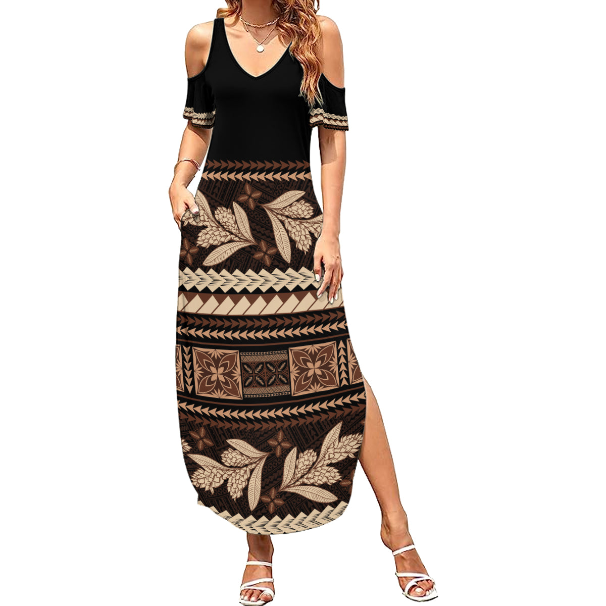 Black Samoa Siapo Teuila Flowers Summer Maxi Dress